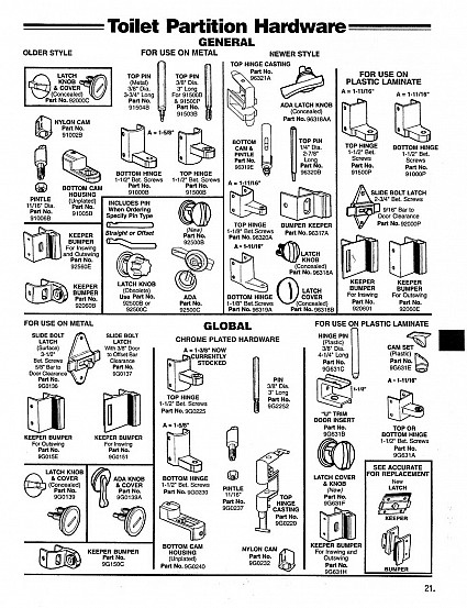 Toilet partition hardware - Global, General - Including slide bolt latch, keeper bumper, latch knob and cover (ADA / non-ADA), cam housing, and hinges, both for use on metal and plastic laminate.